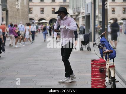 Street artist exibition along Bergamo street center, Lombardy, Italy. Stock Photo
