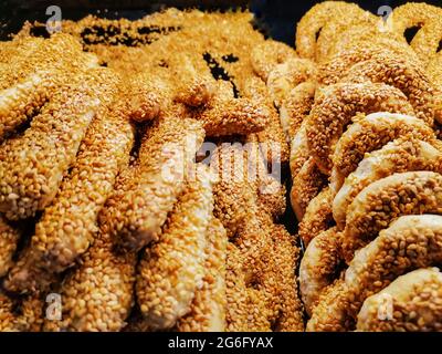 Pretzel. Round crackers. Sesame pretzel. Crackers sold in the bakery. Stock Photo