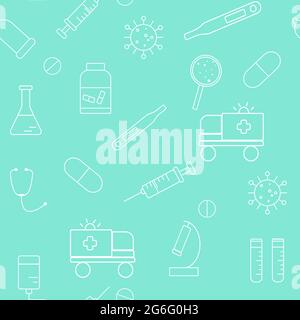 Pattern with medical supplies, vector illustration. Seamless pattern with white elements of medicine on a mint background. Stock Vector