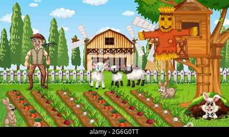 Farm scene at daytime with old farmer man and cute animals illustration Stock Vector