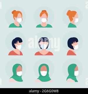 Women with white masks semi flat color vector character avatar set. Portrait with respirator from front and side view. Isolated modern cartoon style i Stock Vector