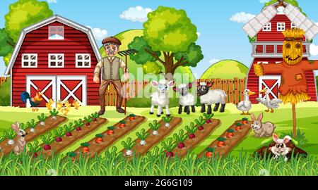 Farm scene at daytime with old farmer man and cute animals illustration Stock Vector