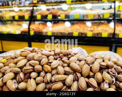 Close-up pine nuts. Grocery shopping. Stock Photo