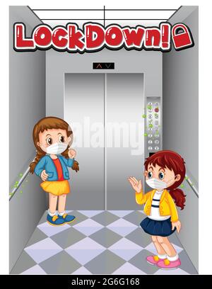 Lockdown font design with people keeping distance in the elevator  illustration Stock Vector