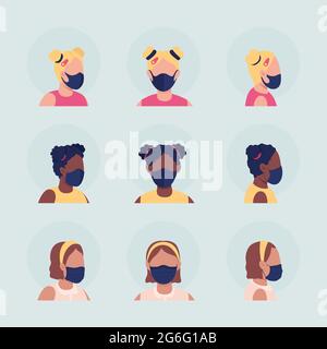 Kids with medical masks semi flat color vector character avatar set. Portrait with respirator from front and side view. Isolated modern cartoon style Stock Vector