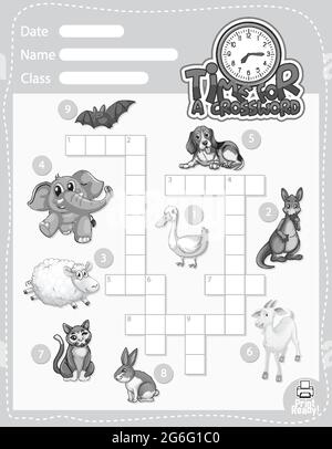 Crossword puzzle game template about animals illustration Stock Vector