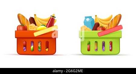 Shopping basket full of grocery food and drinks, 3d cartool illustration for market, design grapgic element Stock Vector