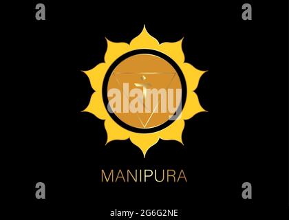 Manipura, solar plexus chakra symbol. Yellow ang gold logo template, colorful mandala. Spiritual meditation element vector illustration isolated on bl Stock Vector