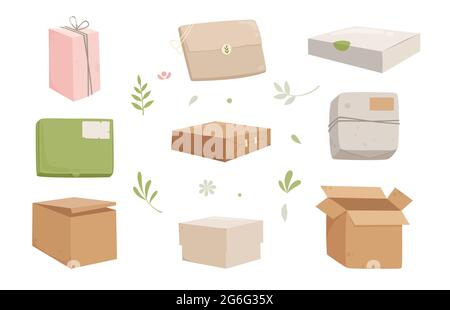 Box cardboard icons set cartoon vector. Carton delivery package Stock Vector