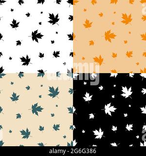 set of seamless patterns with silhouettes of maple tree leaves. Ornament for decoration and printing on fabric. Design element. Vector Stock Vector