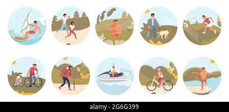 Big Set of round icons Summer performing various activities. People going to hiking, doing yoga, diving, fishing. Flat Art vector Illustration. Stock Vector