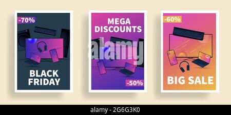 Black friday sale banners set or posters with 3d illustration of different household and electronics gatgets, stylish flyer template layout Stock Vector