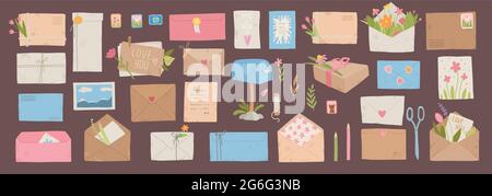 Envelopes with postmarks. Vintage paper mail letters with postage stamp, cards, sealing wax, scissors, twine, tags and pens. Post vector set of Stock Vector