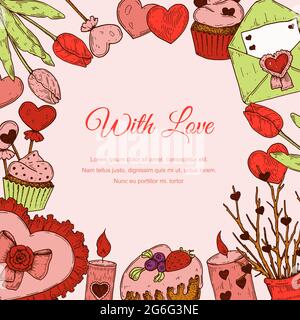 Valentines day greeting card with hand drawn elements. Social media stories template. Vector illustration Stock Vector