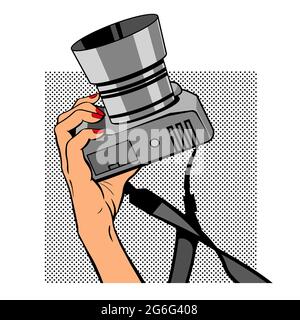Female hand with a camera. Photographing in the studio. Fashion and beauty industry. Vector cartoon illustration in pop art retro style Stock Vector