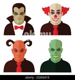 cartoon horror characters, evil clown, scary devil, creepy zombie, dracula vampire Stock Vector