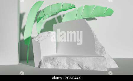 3d rendering of product display on stone and blue background with shadows of plants in the background. Stock Photo
