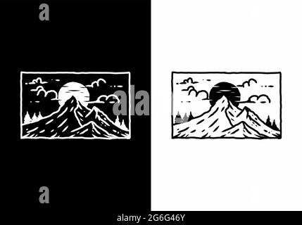 Black and white illustration drawing of mountain in rectangle shape design Stock Vector