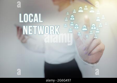 Handwriting text Local Network. Concept meaning Intranet LAN Radio Waves DSL Boradband Switch Connection Lady Holding Tablet Pressing On Virtual Stock Photo