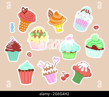 Set of funny cupcakes stickers for scrapbook. Cute sticky labels isolated. Flat Art Vector Illustration Stock Vector
