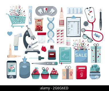 Big vector medical set. Medicine cartoon pill, drug, table, antibiotics, medication dose flat icons. First aid. International health protection Stock Vector