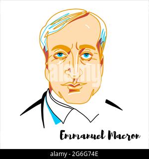 RUSSIA, MOSCOW - April, 11, 2019: Emmanuel Macron engraved vector portrait with ink contours. French politician serving as President of the French Rep Stock Vector