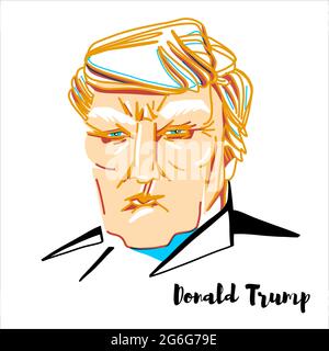 RUSSIA, MOSCOW - April, 09, 2019: Donald Trump engraved vector portrait with ink contours. The 45th and current president of the United States. Stock Vector