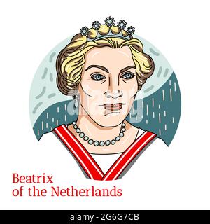RUSSIA, MOSCOW - May, 11, 2019: Beatrix of the Netherlands colored vector portrait with black contours. Queen of the Netherlands from 30 April 1980 un Stock Vector