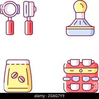 Coffee shop professional tools RGB color icons set Stock Vector
