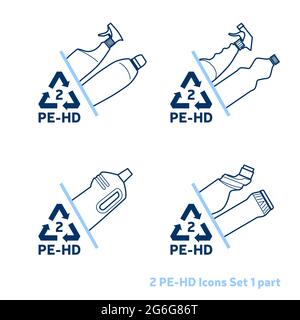 Recycling code 2 (PET - Polyethylene terephthalate) outline icons set. Empty clear plastic bottles on white background. Stock Vector