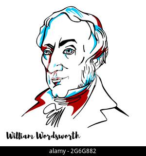 William Wordsworth engraved vector portrait with ink contours.English Romantic poet who, with Samuel Taylor Coleridge, helped to launch the Romantic A Stock Vector