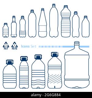 Recycling code 1 (PET - Polyethylene terephthalate) outline icons set. Empty clear plastic bottles on white background. Stock Vector