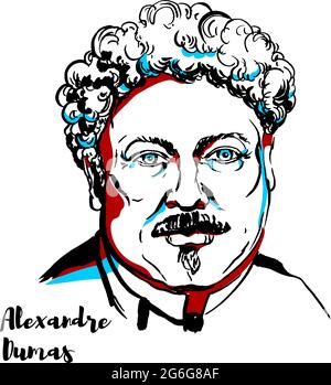 Alexandre Dumas engraved vector portrait with ink contours. Famous french writer, author of The Count of Monte Cristo & The Three Musketeers. Stock Vector