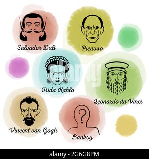 MOSCOW, RUSSIA - JANUARY 4, 2018: Famous artist flat icon set with watercolor spot background Stock Vector