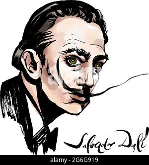 Vector hand drawn watercolor portrait with famous artist Salvador Dali and his signature. Stock Vector