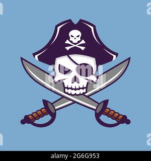 Skull with crossed sabers. Pirate concept art in cartoon style. Stock Vector