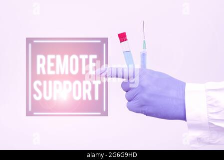 Sign displaying Remote Support. Word Written on type of secure service, which permits representatives to help Chemist Presenting Infection Cure Stock Photo