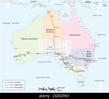 Line plan of the three Australian remote trains The Overland, Indian Pacific, The Ghan Stock Vector