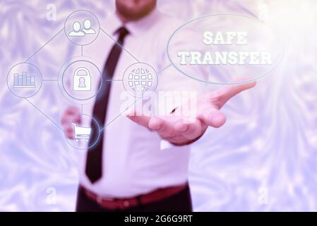 Conceptual caption Safe Transfer. Business concept Wire Transfers electronically Not paper based Transaction Gentelman Uniform Standing Holding New Stock Photo