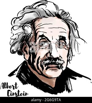 MOSCOW, RUSSIA - MARCH 20, 2018: Albert Einstein watercolor vector portrait with ink contours. The theoretical physicist who developed the theory of r Stock Vector