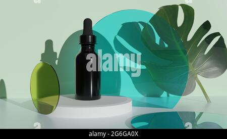 glass cylinder podium, product display stand on colour green background Stock Photo