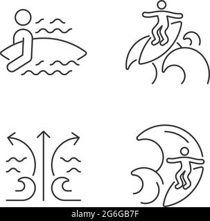 Riding wave using board linear icons set Stock Vector