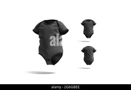 Blank black half sleeve baby bodysuit mockup, different views, 3d rendering. Empty textile wraparound wear for child mock up, isolated. Clear t-shirt Stock Photo