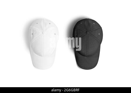 Blank black and white baseball cap mockup, top view, 3d rendering. Empty accessory head wear with visor mock up, isolated. Clear casual flannel snapba Stock Photo