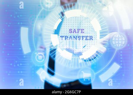 Writing displaying text Safe Transfer. Business concept Wire Transfers electronically Not paper based Transaction Gentelman Uniform Standing Holding Stock Photo