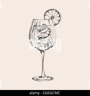 Hand Drawn Vector Illustration Of Spritz Cocktail In Glass With