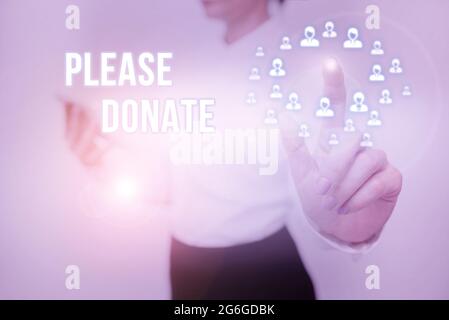 Text sign showing Please Donate. Business approach Supply Furnish Hand out Contribute Grant Aid to Charity Lady Holding Tablet Pressing On Virtual Stock Photo