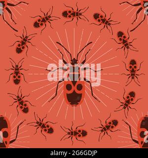 Firebug, Pyrrhocoris apterus. Seamless pattern Vector illustration Stock Vector
