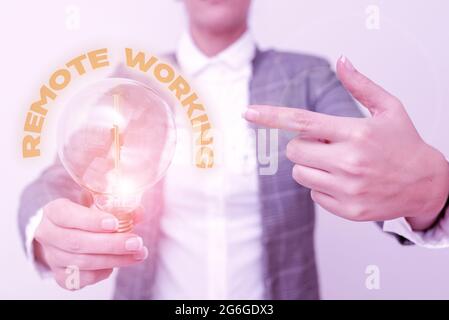Text caption presenting Remote Working. Word for style that allows professionals to work outside of an office Lady in outfit pointing lamp with two Stock Photo