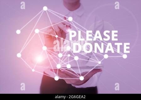 Text sign showing Please Donate. Word for Supply Furnish Hand out Contribute Grant Aid to Charity Lady In Uniform Standing Holding Tablet Typing Stock Photo